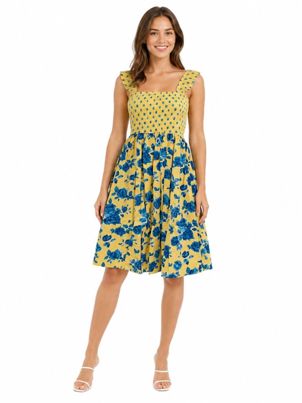 Women’s Beige & Blue Floral Smocked Midi Dress – 100% Cotton Ruffle Strap